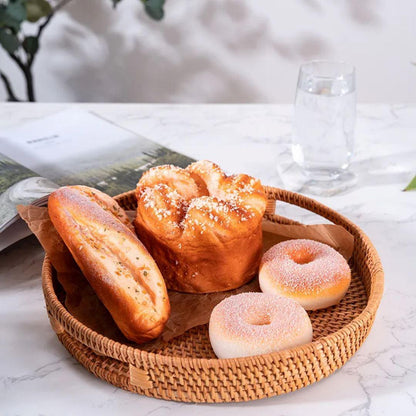 Cesta de Frutas de Vime Redonda com Alça de Madeira - Bandeja de Servir de Estilo Étnico