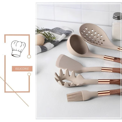 Kit Utensílios de Cozinha Silicone 6, 10 e 12 Peças Com Organizador Rosé