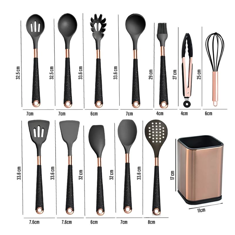 Kit Utensílios de Cozinha Silicone 6, 10 e 12 Peças Com Organizador Rosé