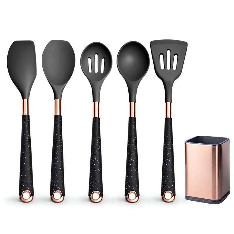 Kit Utensílios de Cozinha Silicone 6, 10 e 12 Peças Com Organizador Rosé