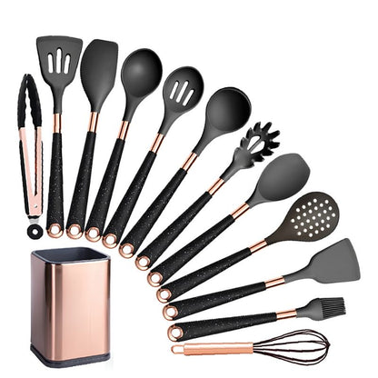 Kit Utensílios de Cozinha Silicone 6, 10 e 12 Peças Com Organizador Rosé