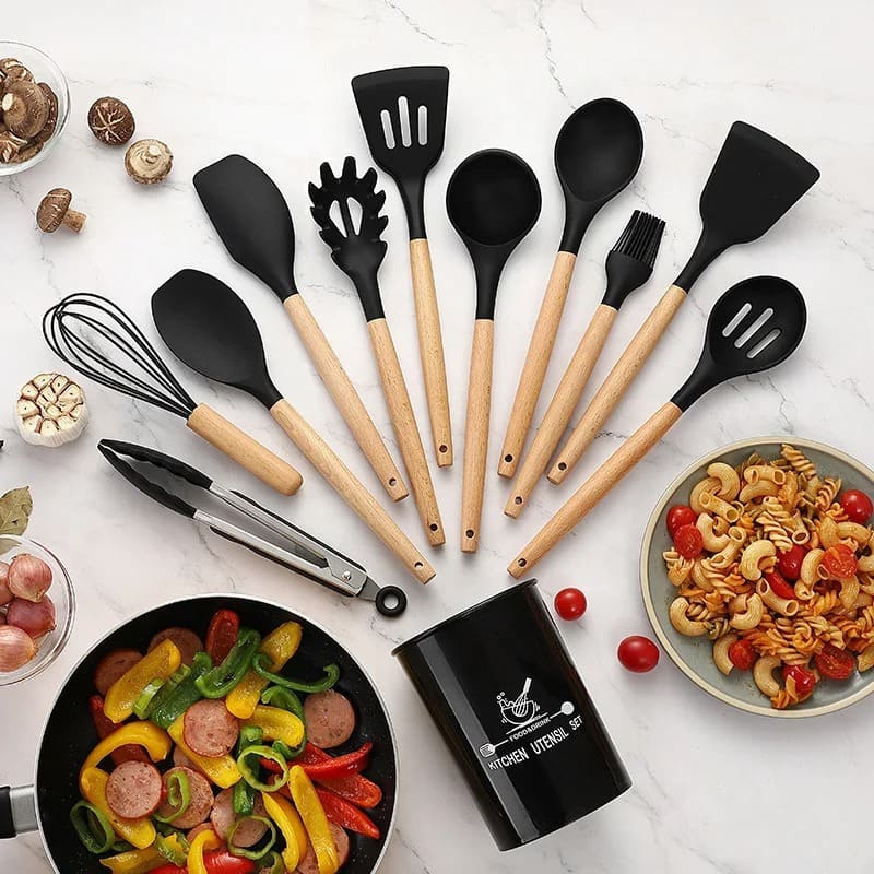 Kit Utensílios de Cozinha Silicone e Cabo de Madeira - 12 Peças