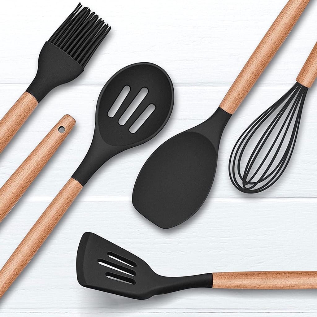 Kit Utensílios de Cozinha Silicone e Cabo de Madeira - 12 Peças