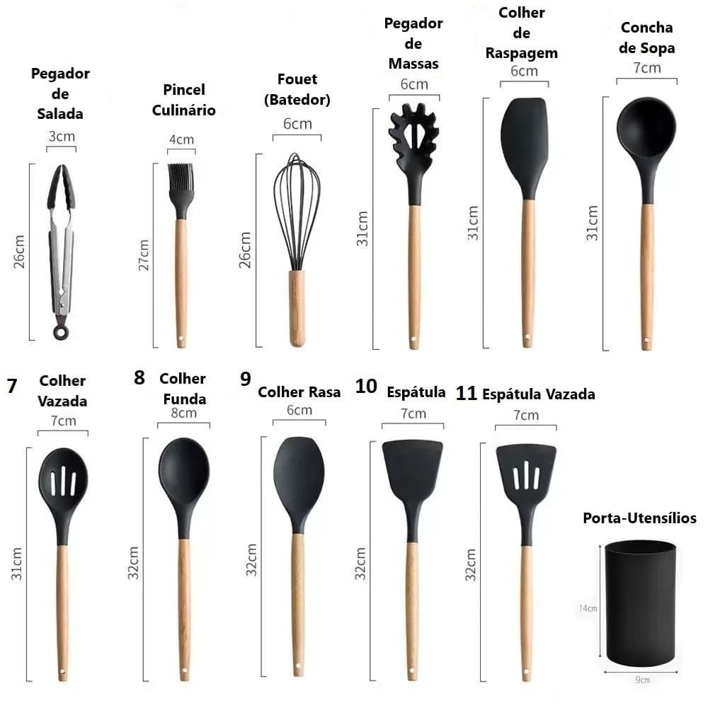 Kit Utensílios de Cozinha Silicone e Cabo de Madeira - 12 Peças